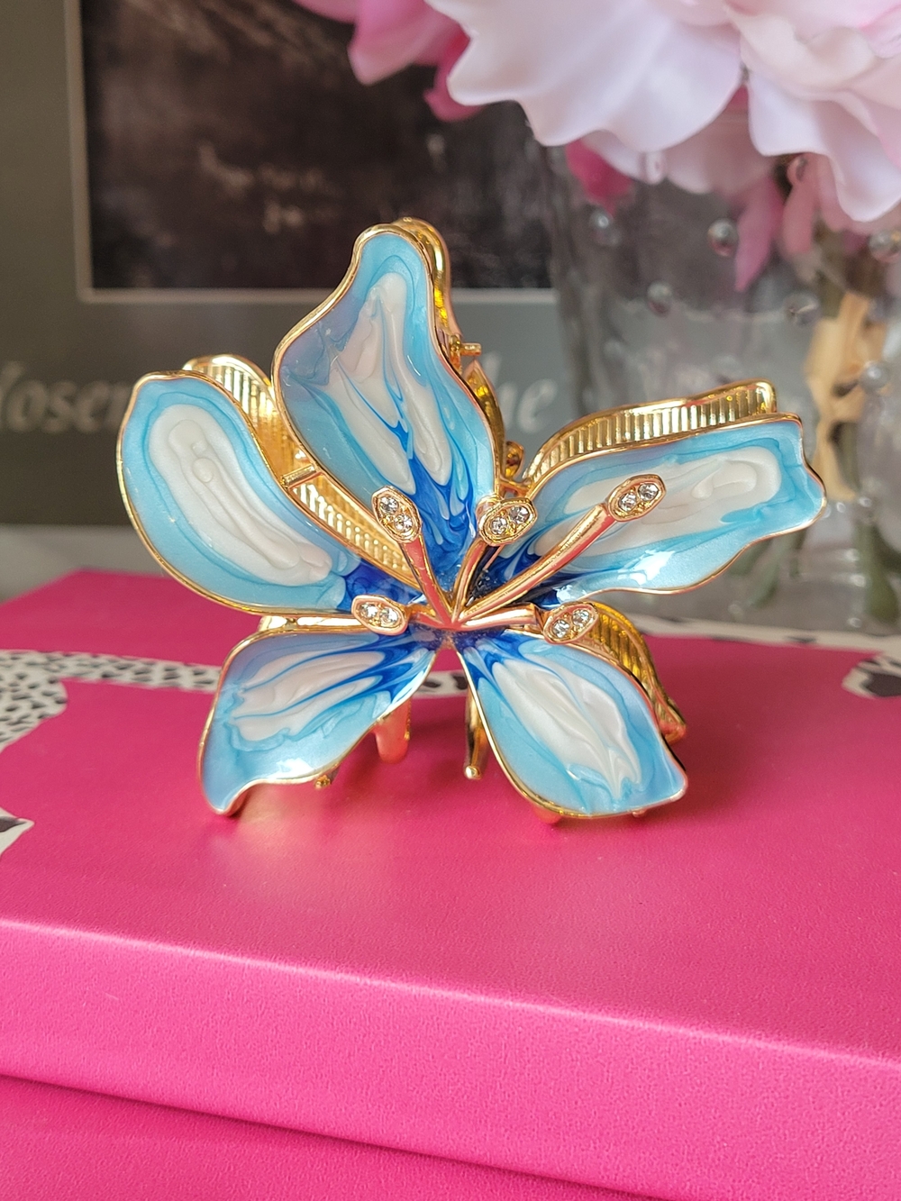 Blue & White Enamel Flower Hair Clip